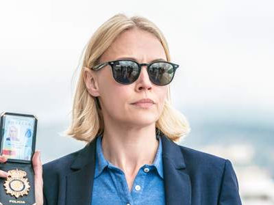 Elen Rhys as Miranda Blake wears black sunglasses in The Mallorca Files